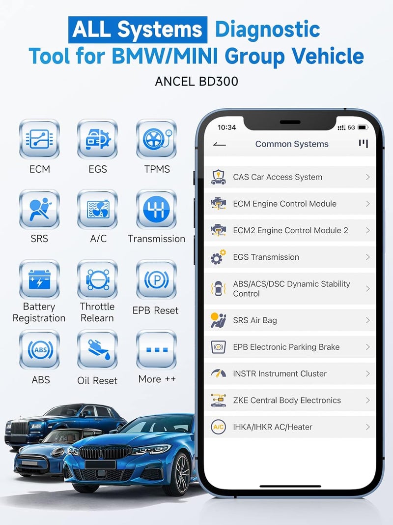 Ancel BD300 BMW Bluetooth OBD2 Scanner, Full System Code Reader and Diagnostic Tool for BMW with Battery Registration Service Reset EPB CBS ETC ABS Airbag & Powerful OBD2 Functions - Image 3